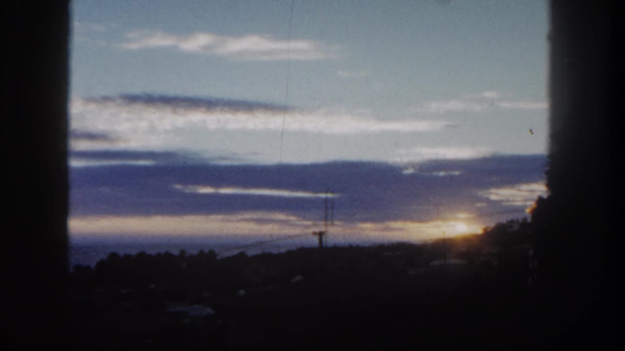 1962 San Diego sunset view with a bright sun near the right horizon, blue-purple clouds, a utility pole, and dark tree silhouettes.