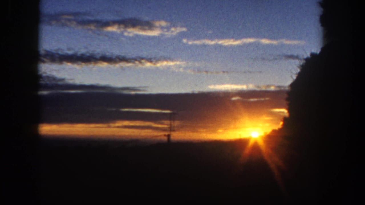 1962 San Diego 8mm frame showing a bright sunset, layered clouds, a dark horizon, and silhouetted foliage at the right edge.