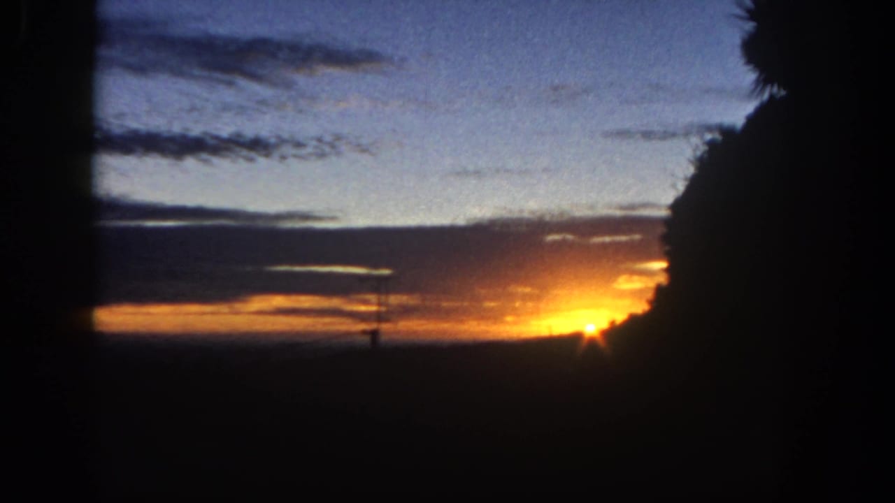 Orange sunset behind dark trees with layered clouds and a small antenna silhouette.
