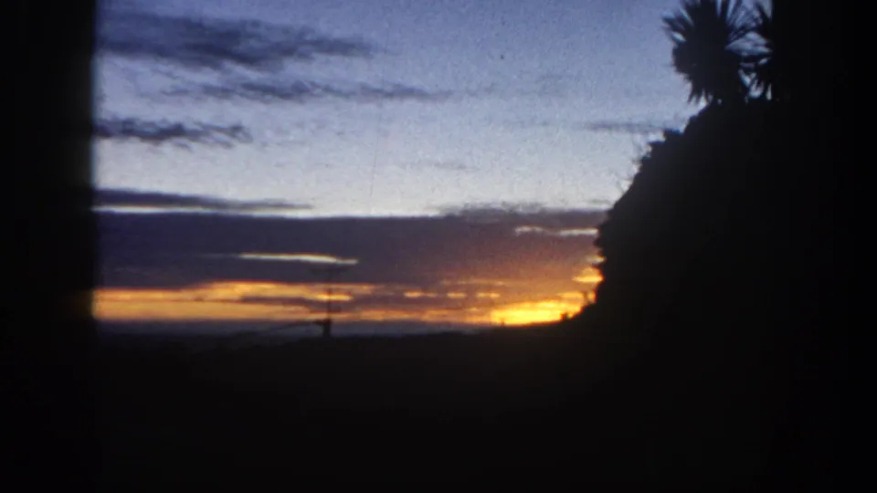 1962 San Diego 8mm frame showing silhouetted palms and hillside shapes against a glowing coastal sunset or sunrise sky.