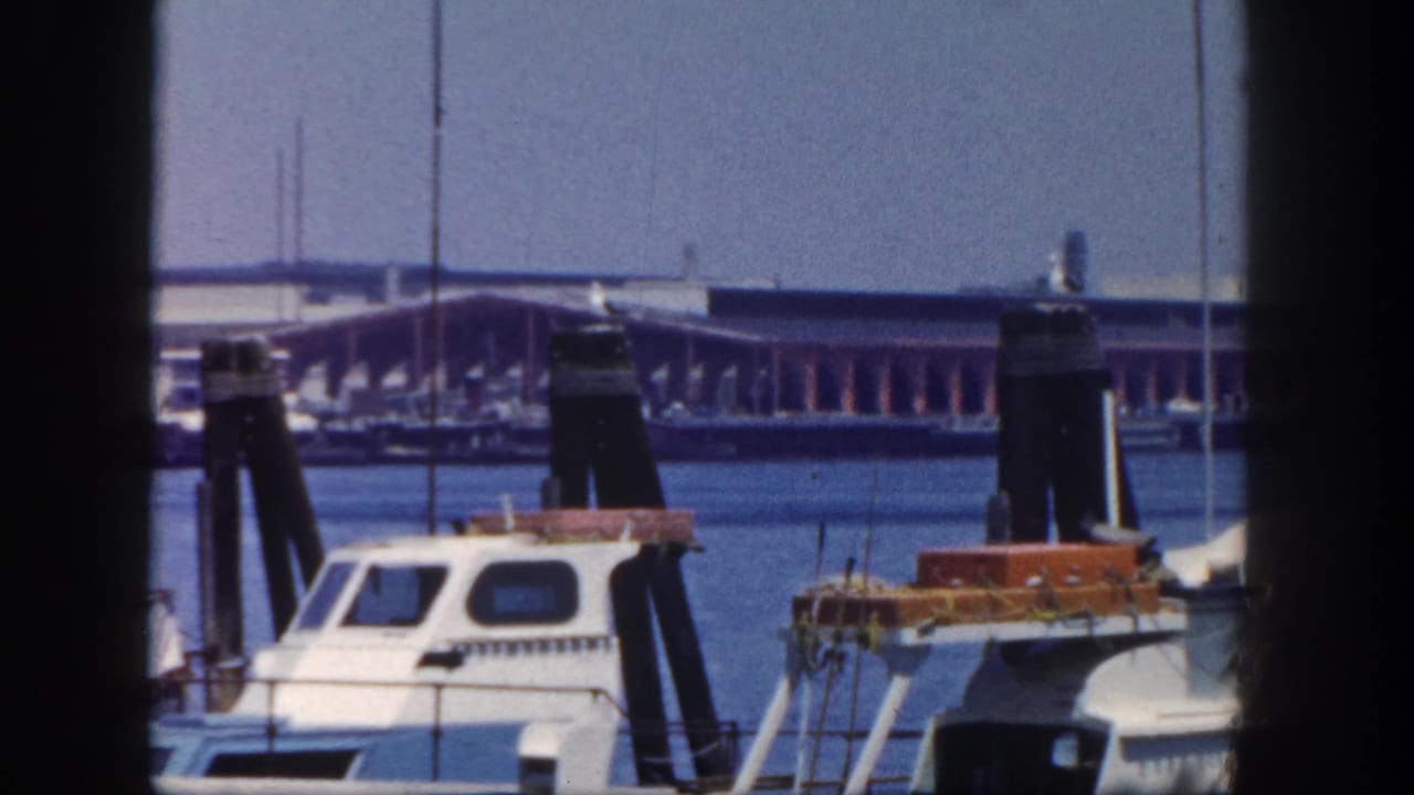 Cabin boats docked beside pilings with a bridge or pier structure in the distance.