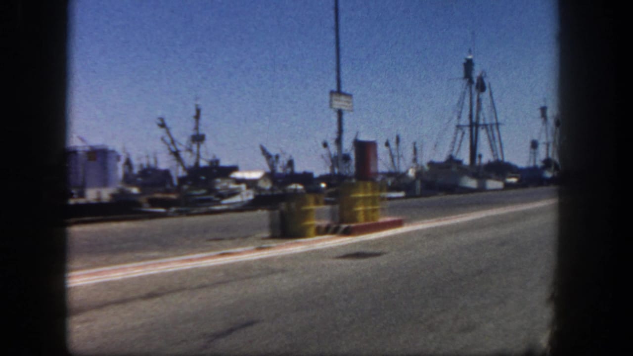 Harbor road with yellow barrels, boats, cranes, and mast structures in the distance.