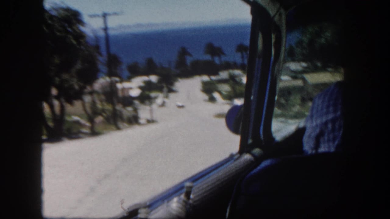 Passenger-seat view down a steep street toward ocean and palms, with car interior framing the scene.