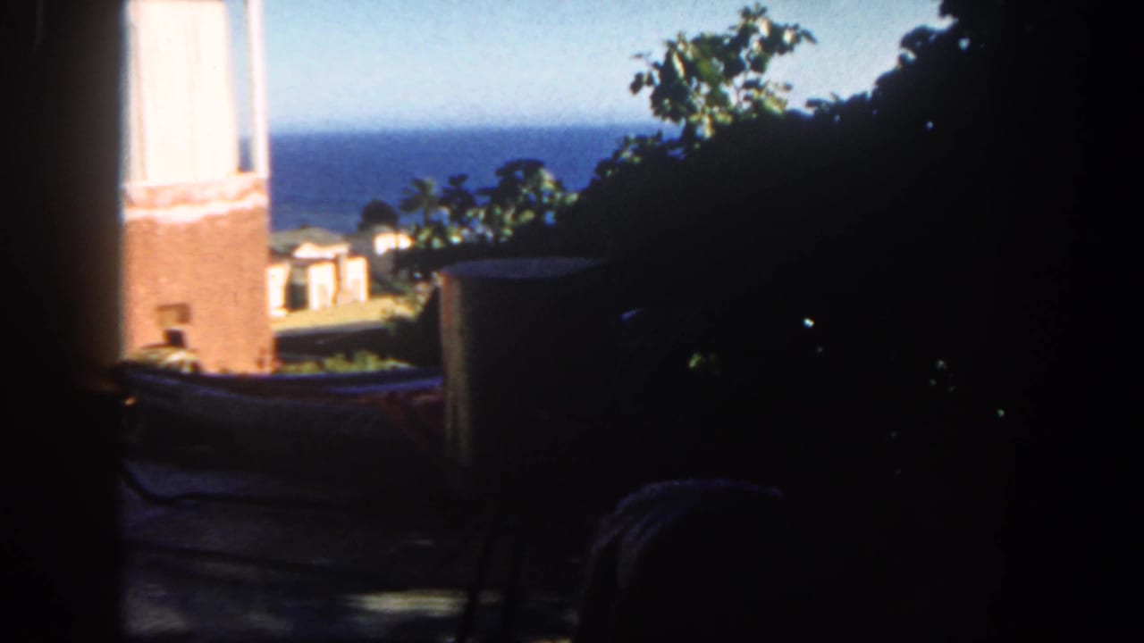 1962 San Diego patio scene framed by dark doorway edges, with blue ocean beyond, foliage, brick wall, and a grill in shadow.