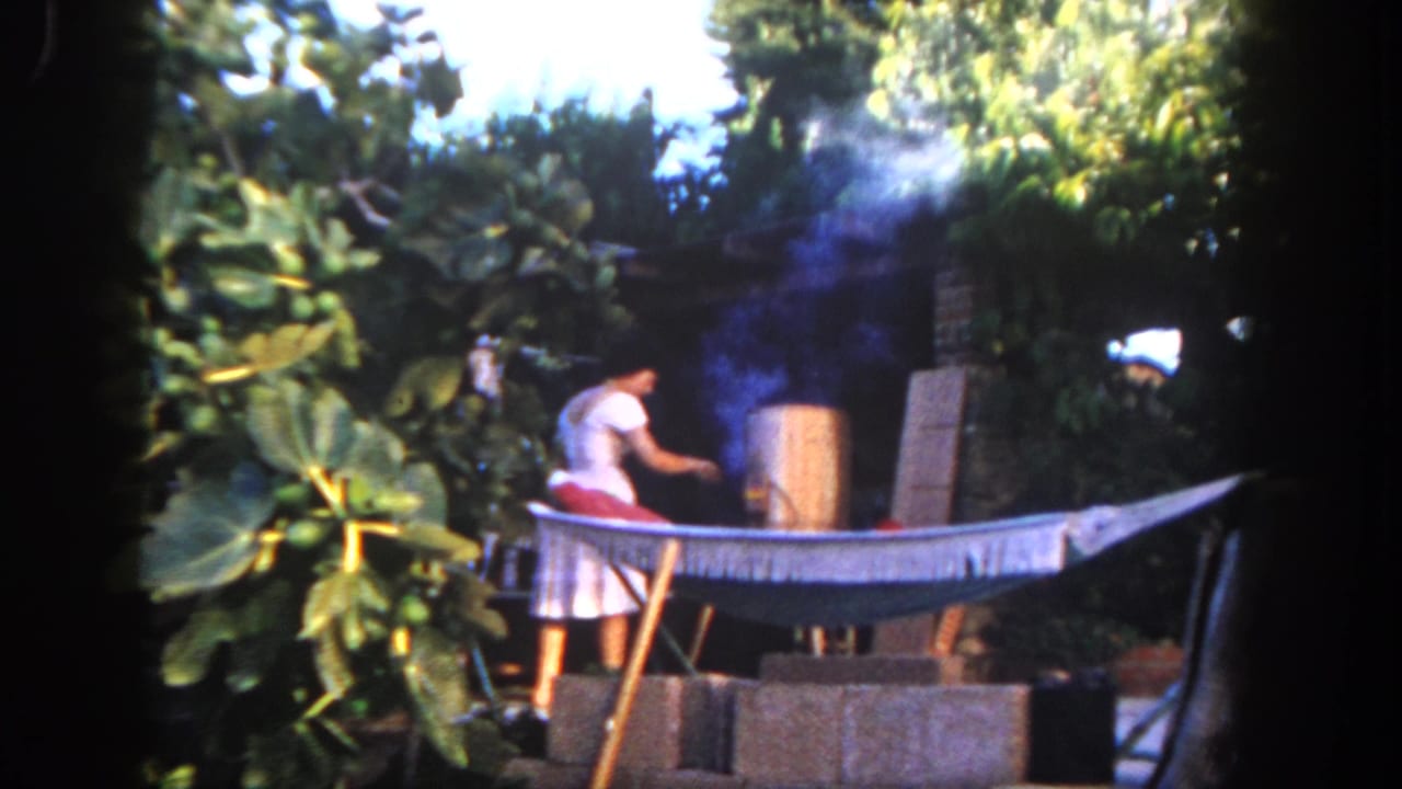 1962 San Diego home-movie frame showing a woman cooking outdoors near smoke, foliage, a hammock, and cinder blocks.