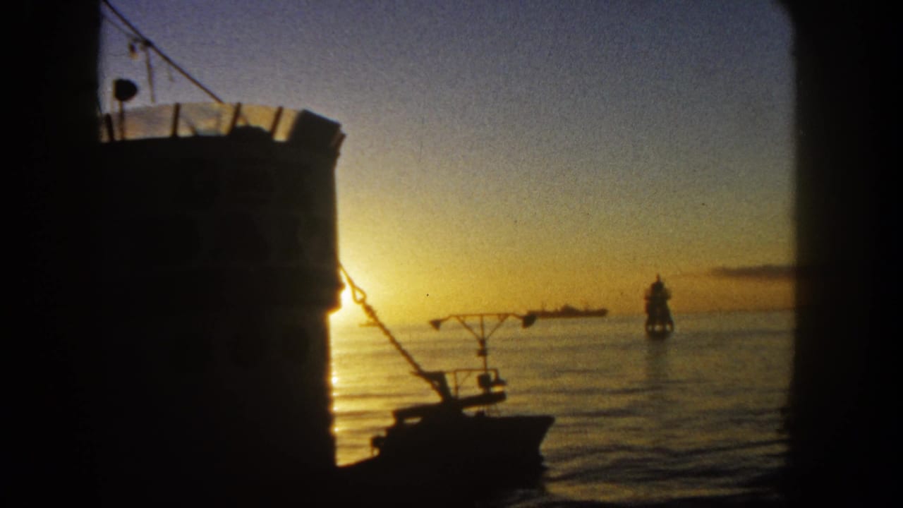 1962 San Diego harbor view with the sun near the horizon, a small silhouetted boat, distant marker, and dark foreground vessel shapes.