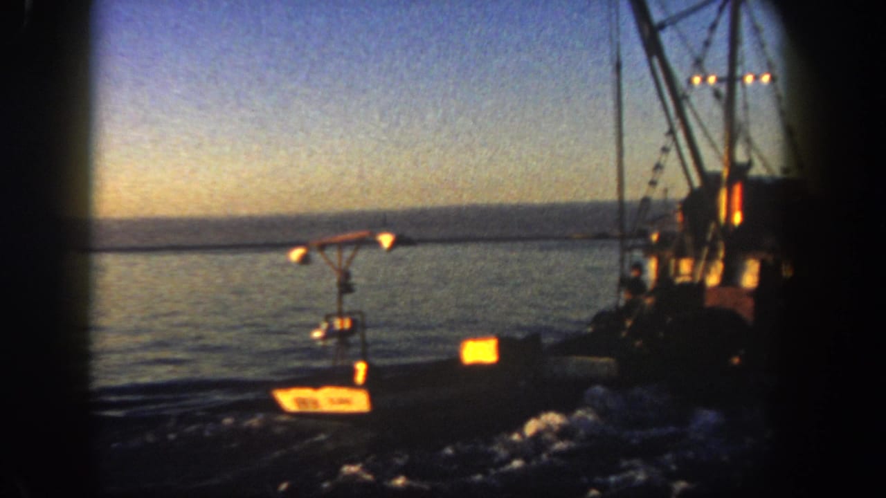 Boat lights and rigging pass across darkening water near the horizon.