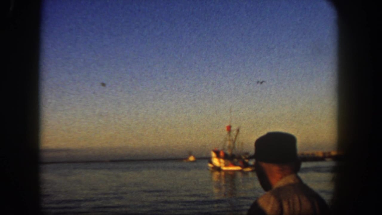 Man in a dark cap stands near water as small boats sit in the distance at sunset.