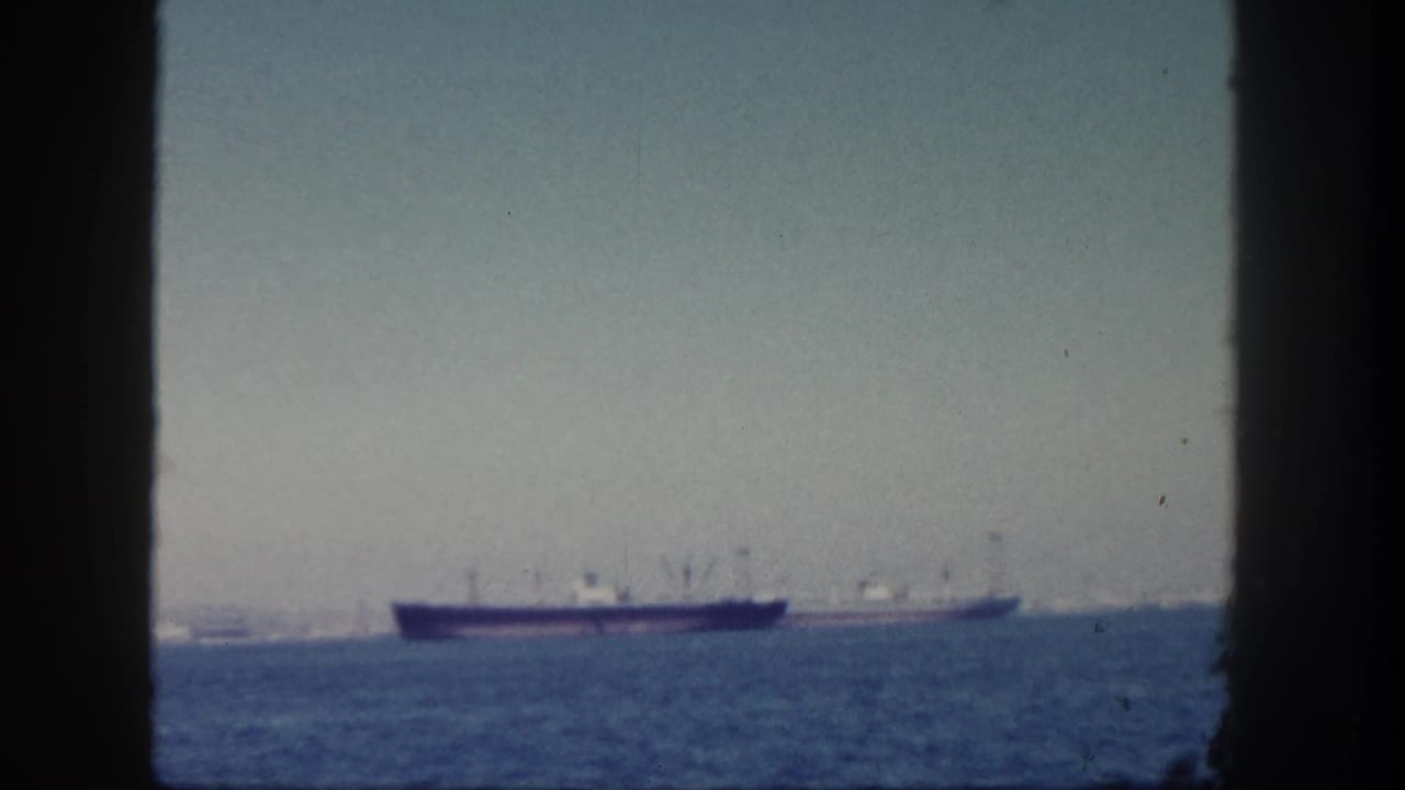 Two distant cargo ships on the ocean under a pale sky, framed by dark vertical edges.