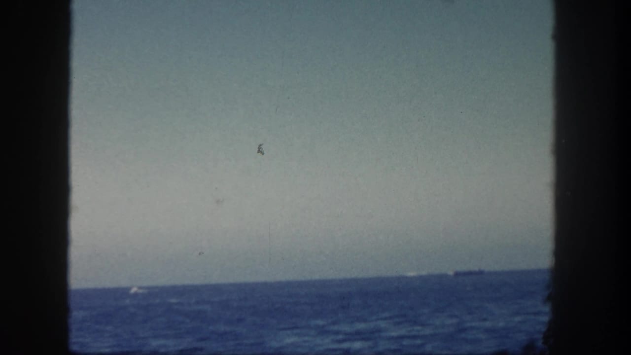 Open ocean and pale sky seen through dark vertical frame edges, with tiny distant boats near the horizon.