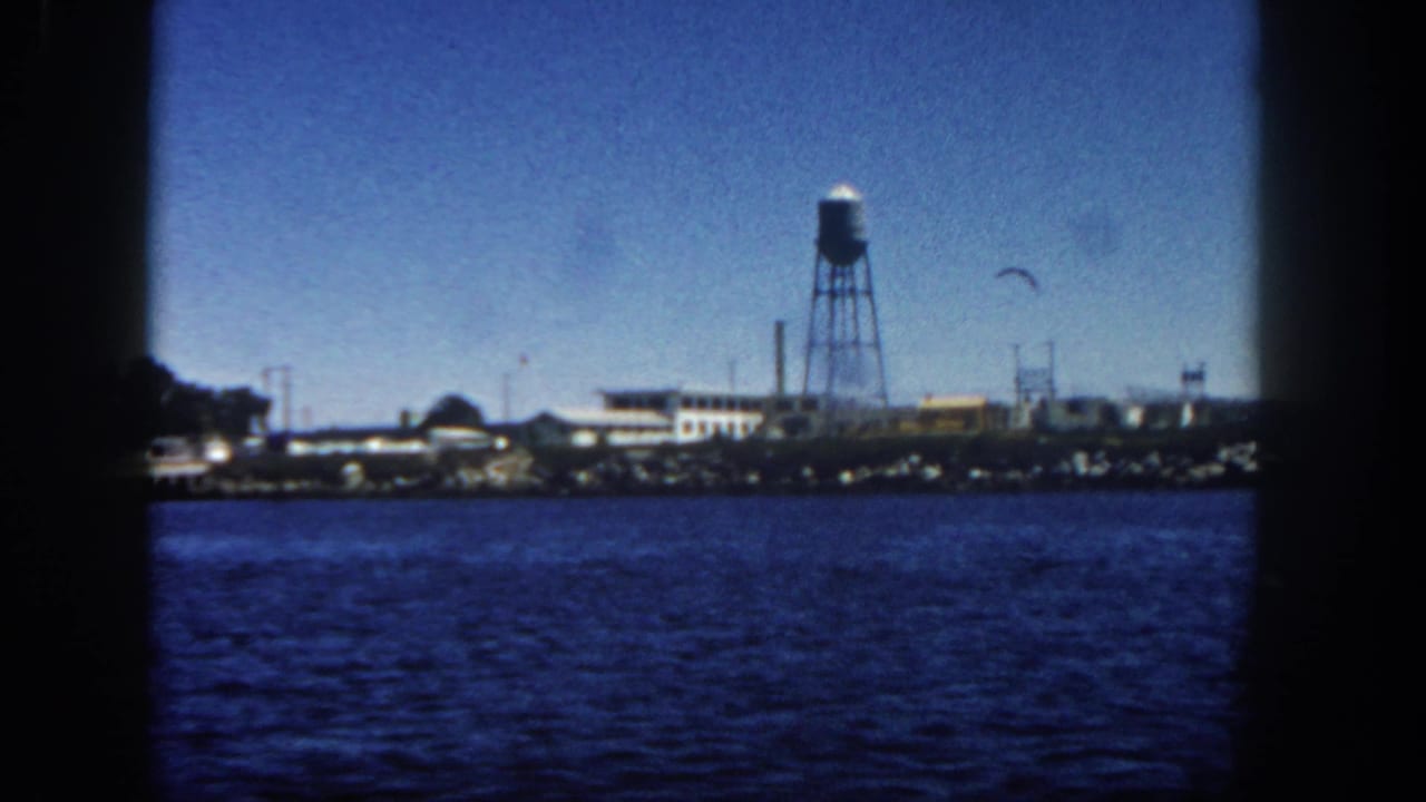 1962 San Diego harbor view with a distant bird, industrial buildings, rocky shoreline, and a tall water tower beyond blue water.