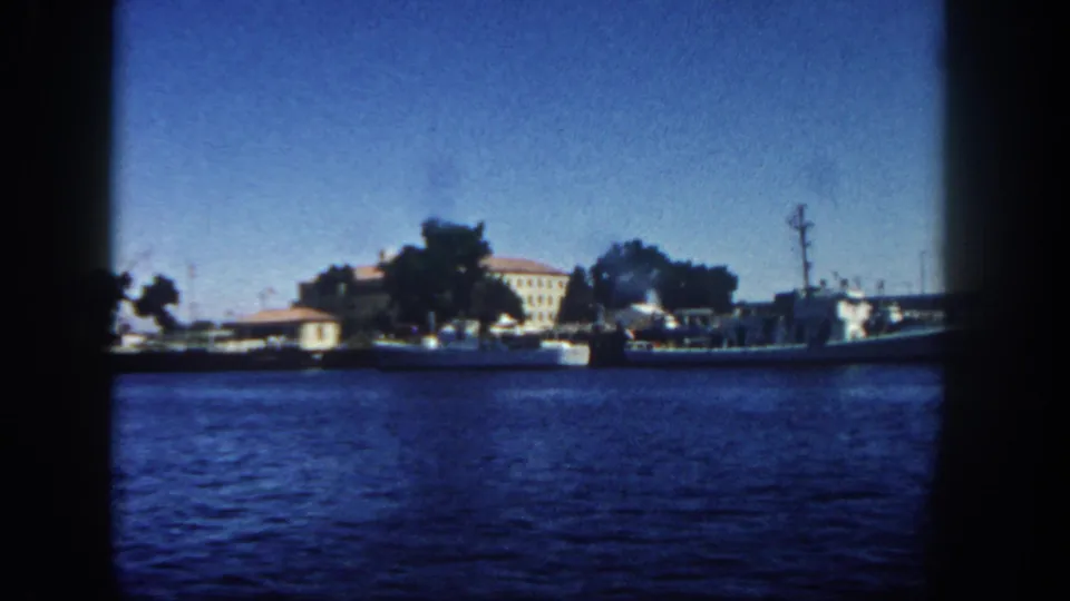 1962 San Diego harbor view with moored boats, trees, and low waterfront buildings seen from a moving boat.