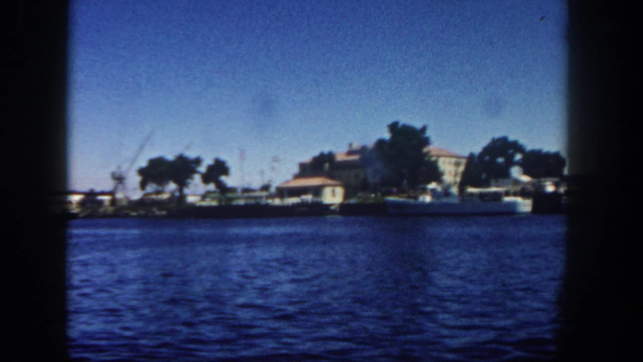 Distant waterfront with houses, trees, boats, cranes, and dark film-frame borders.