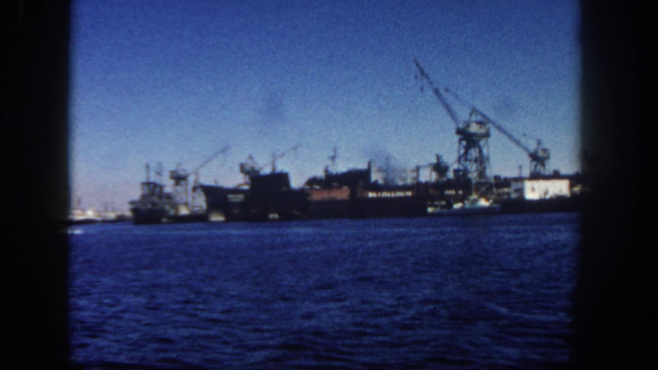 Cargo ship and cranes across blue harbor water with industrial waterfront structures.