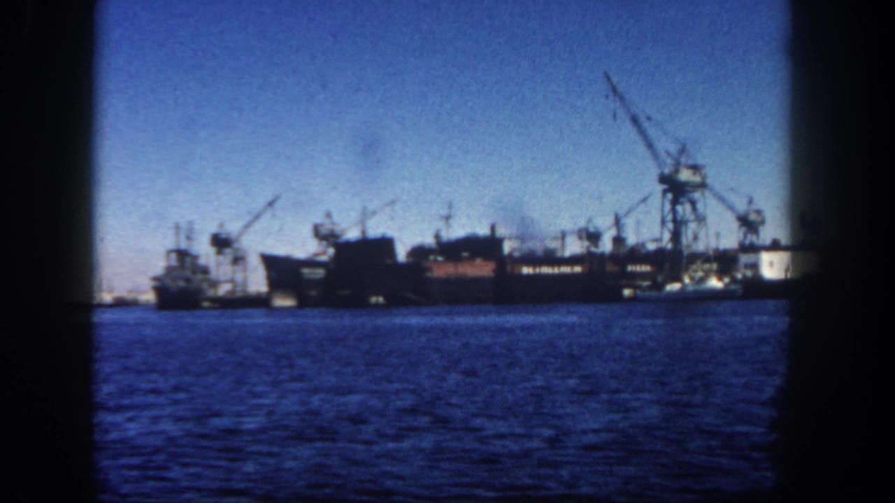A San Diego waterfront view shows rippling blue water, distant vessels, cranes, and low industrial structures in soft 8mm color.