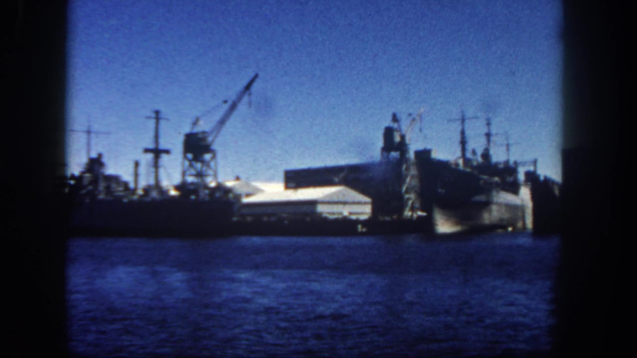 Large docked vessel near cranes and pier buildings across the harbor.