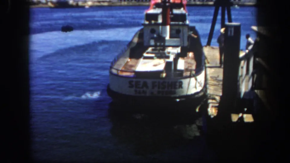 Boat stern marked SEA FISHER SAN PEDRO near a dock, with blue water and pier structures in the frame.