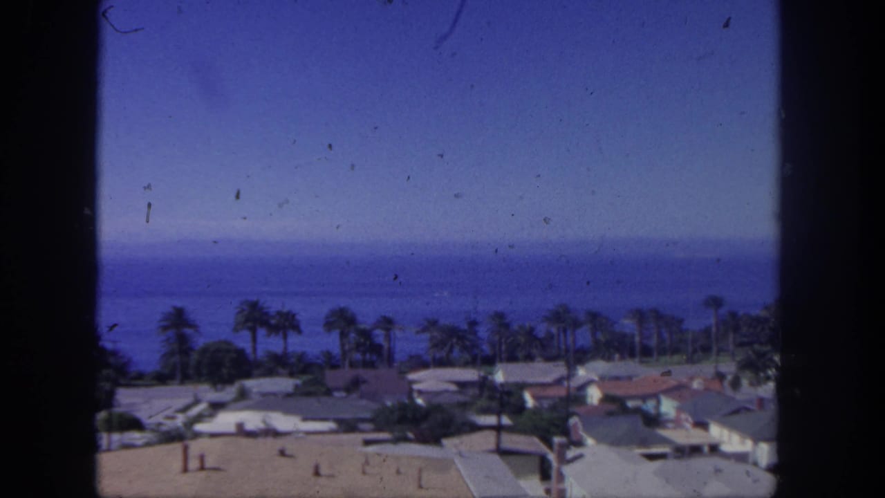 Elevated coastal view with palm trees, rooftops, ocean horizon, sky, and dark film borders.