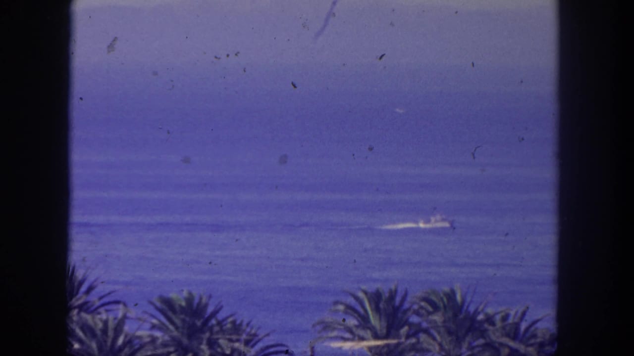 Blue ocean and hazy sky seen through dark trim with palm fronds below and a small distant boat wake.
