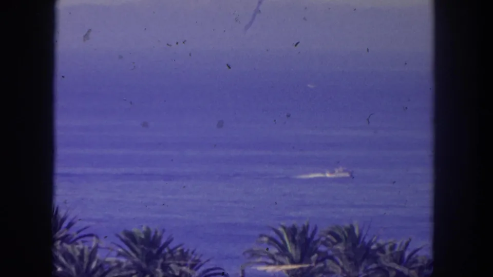 1962 San Pedro coastal view on 8mm film, with blue water, haze, palm fronds, dark framing, and a small boat wake offshore.