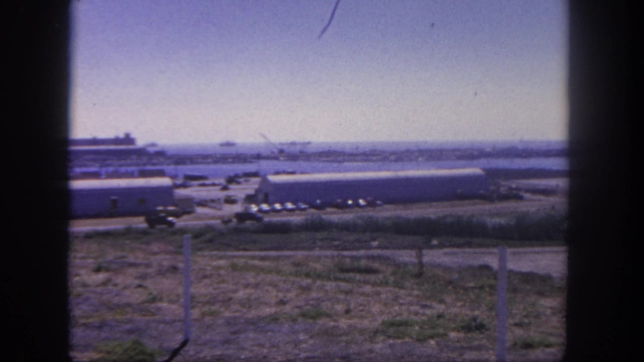 Harbor view with water, distant cranes, long building, parked cars, dry grass, and fence posts.