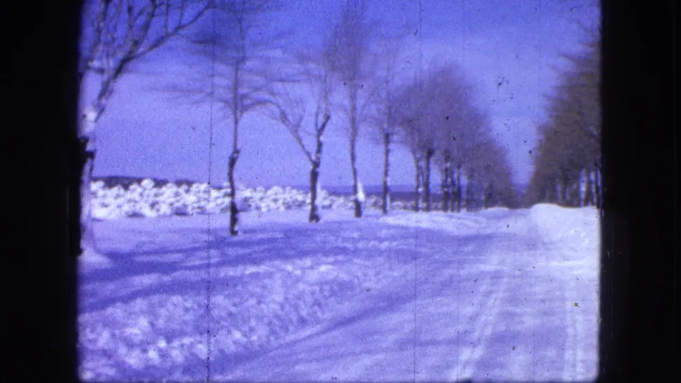 1963 8mm home-movie frame from Proctor, Minnesota showing a snow-covered road with bare trees, tire tracks, and snowbanks.