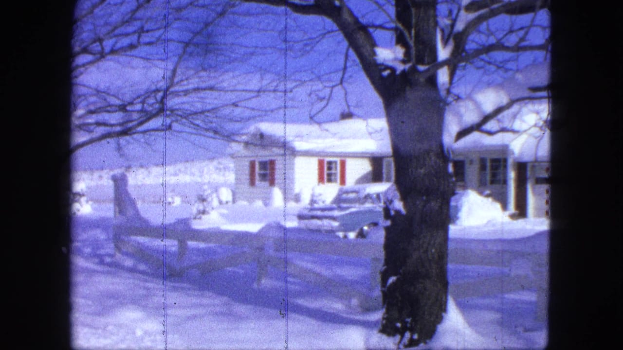 Snowy residential street view with a house, bare tree, fence, and car in the driveway.