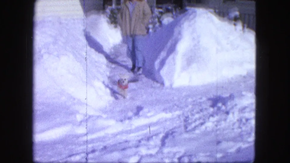 1963 Proctor, Minnesota frame showing the small dog near the path edge with the woman partly visible among tall snowbanks.