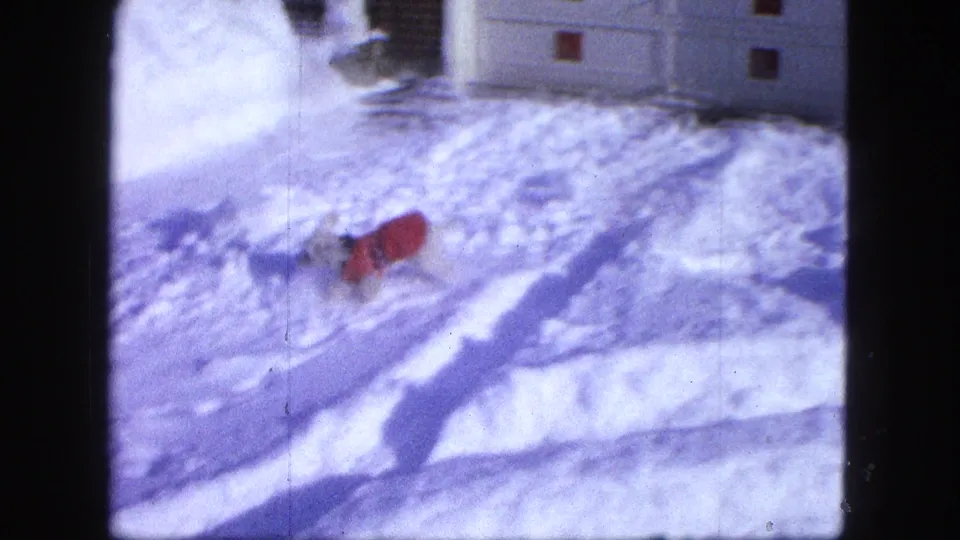 The dog continues through deep snow near a house exterior in 1963 Proctor, Minnesota, footage.