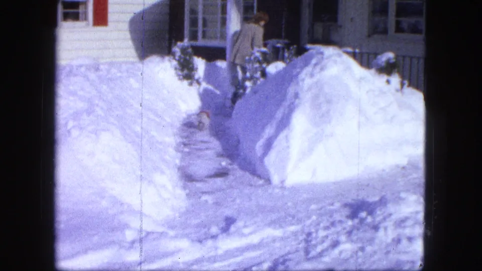 A person stands near a residential entrance as the small red-coated dog remains in the snowy foreground.