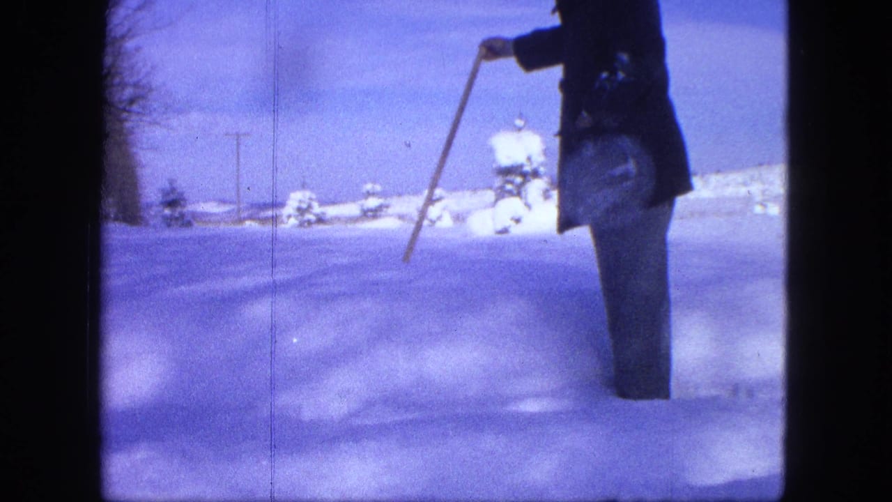 Man in a dark coat stands in deep snow holding a wooden stick.