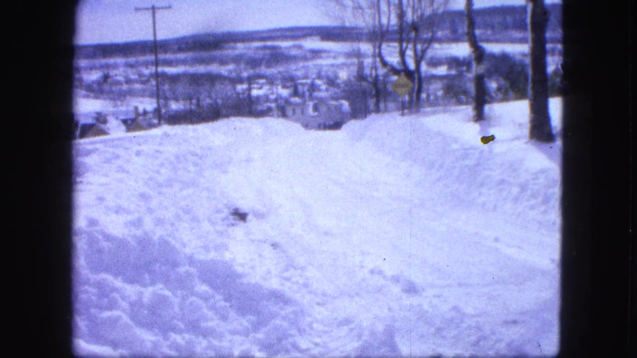 Snowy hillside road with bare trees, utility poles, and distant town view.