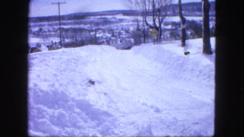 Snow-covered hillside overlooking Proctor, Minnesota, with bare trees, utility poles, and distant buildings visible.