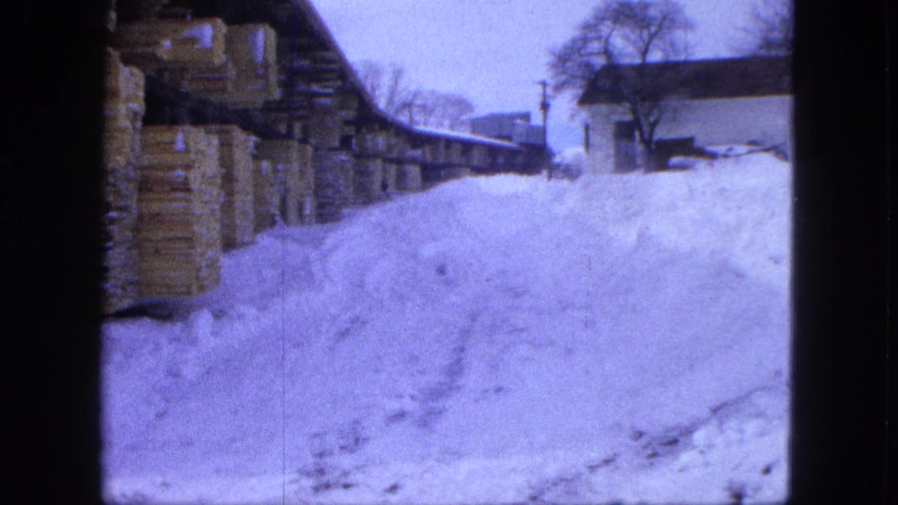 Snowy lumber stacks under a long shed beside a deep snow path.