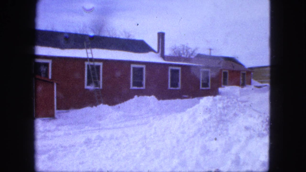 Red house partly buried by snow with a ladder near the wall.