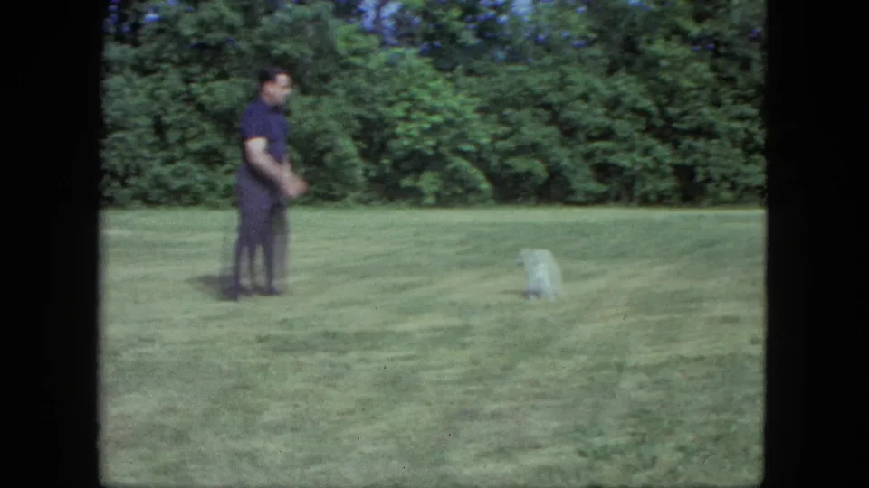 A man in dark clothing gestures toward a tiny white puppy at the edge of the frame, with a tree-lined lawn behind them.