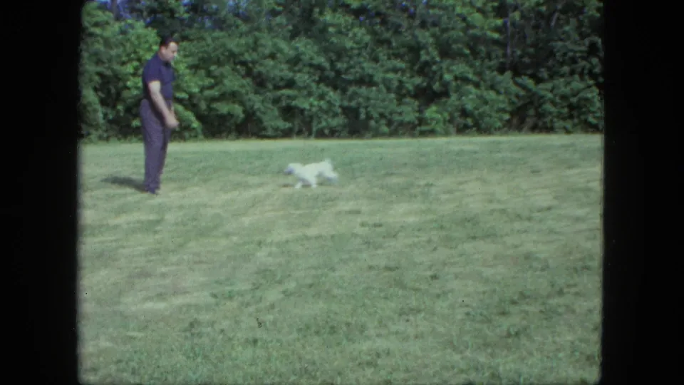 1963 Saint Paul home-movie frame showing a man on a lawn with a small white dog running across the grass.