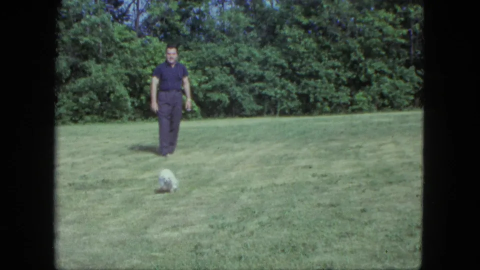 1963 Saint Paul home-movie frame showing a man walking toward a small white dog in the foreground of a grassy yard.