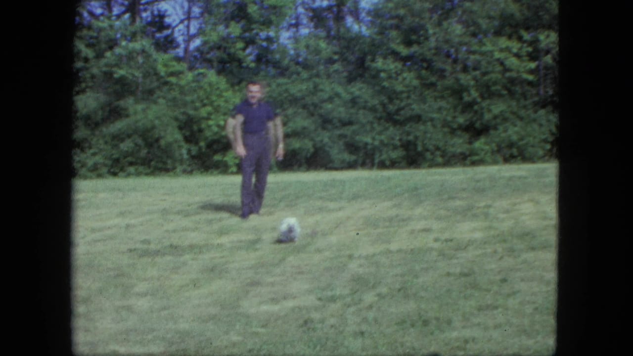 Man in dark clothing stands on a lawn near a small white dog.