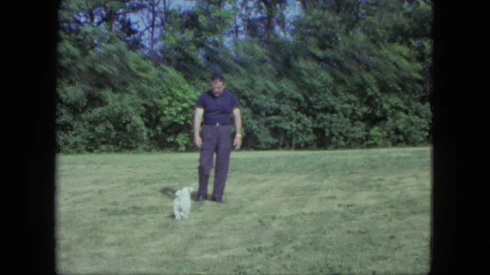 A man in a blue shirt stands on the grassy Saint Paul yard with the small white dog close beside him.