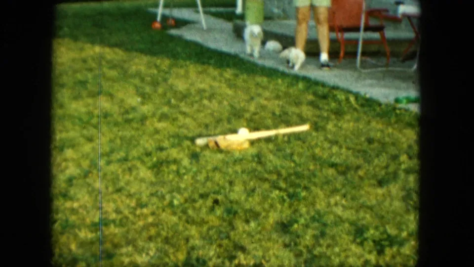 Saint Paul 1963 home-movie frame showing puppies near the patio, with lawn game equipment in the foreground.