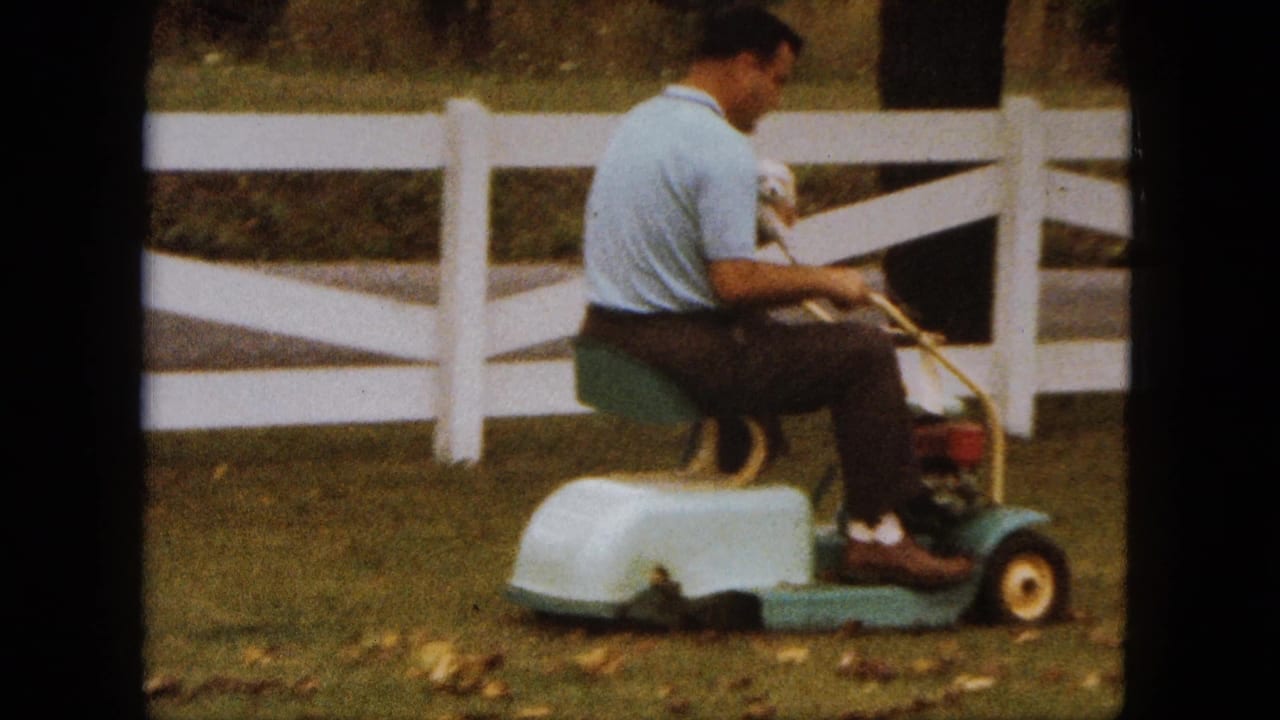 Man riding a small lawnmower across a yard with a white dog in his lap.