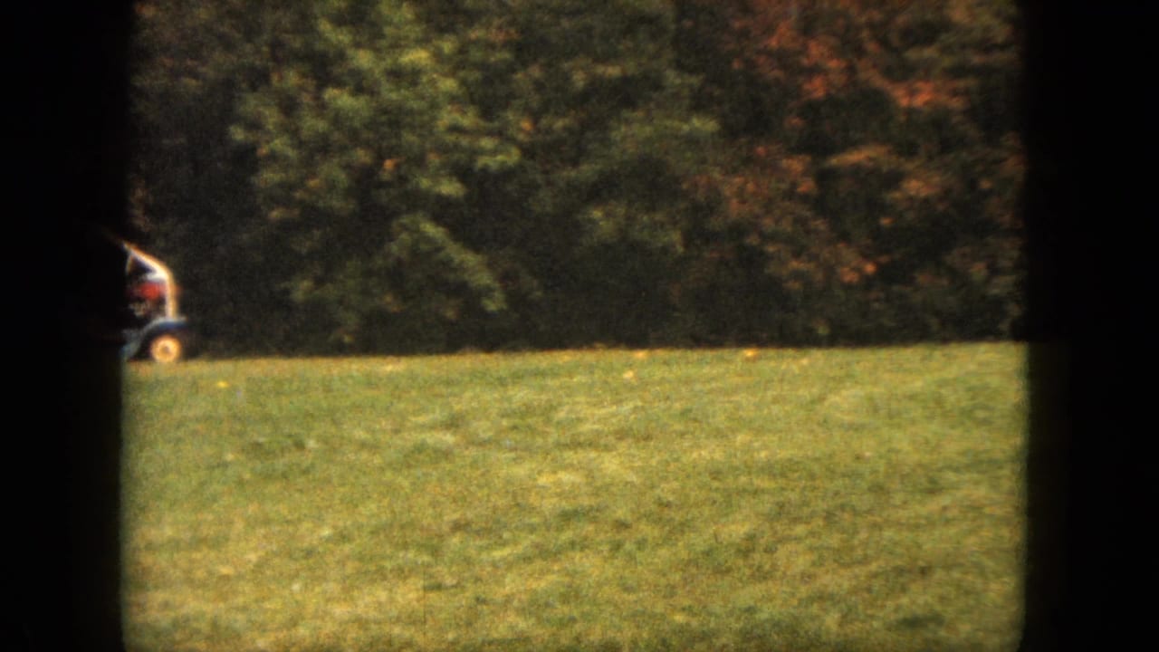 In Saint Paul, Minnesota, 1963, a riding mower is partly visible at the edge of a green backyard lawn bordered by trees.