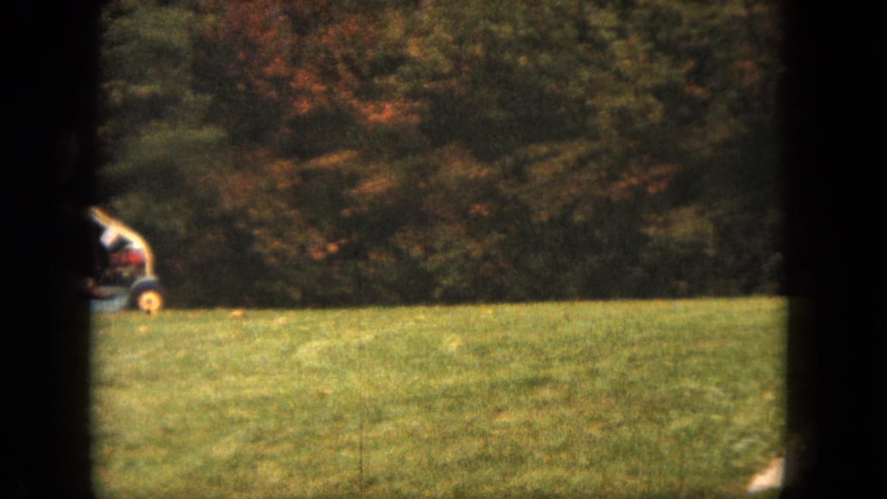 A vintage riding mower appears on a Saint Paul backyard lawn, with dense trees and early autumn color behind it.