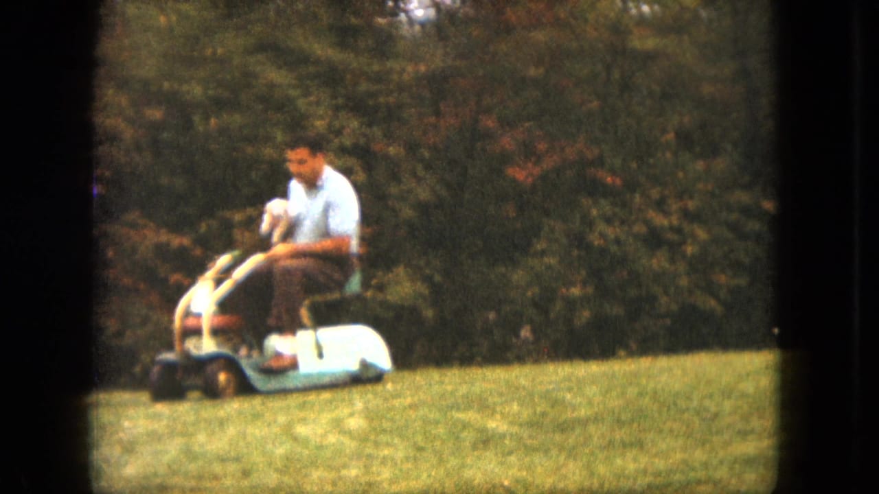 Man on a small mower moves along a sloped lawn with a white dog in his lap.
