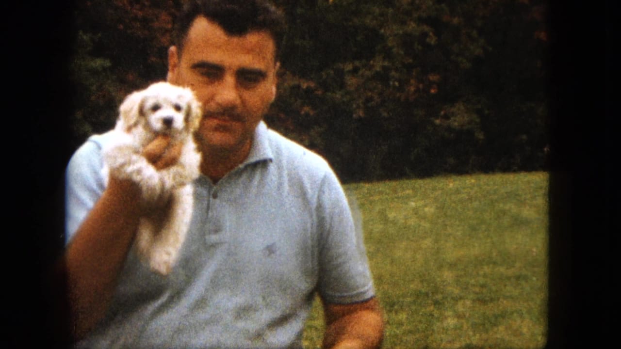 Closer 8mm view of the man in a light blue shirt holding the puppy, with grass and trees behind him in Saint Paul.