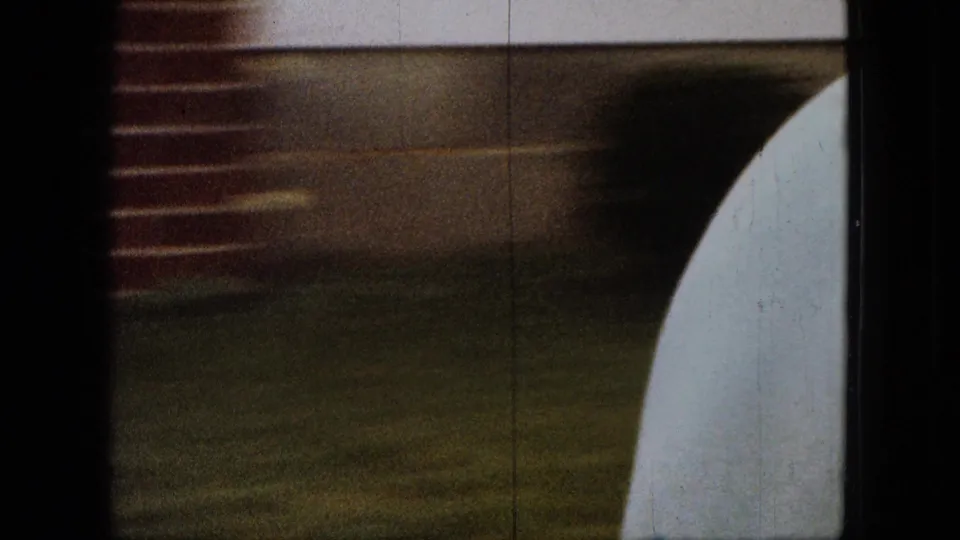The final frame shifts away from the man and dog to a yard view with brickwork, grass, and a pale curved object at the edge.
