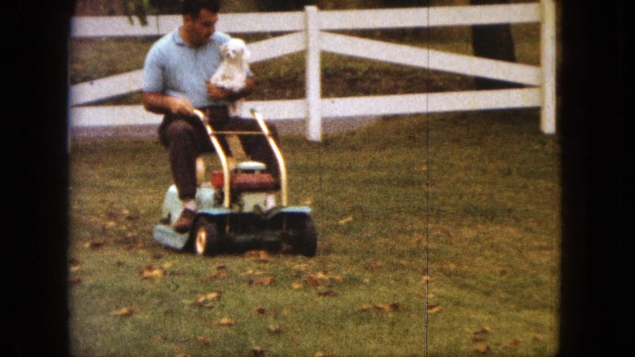 Man on a lawn mower holding a small white dog in a grassy yard near a white fence.
