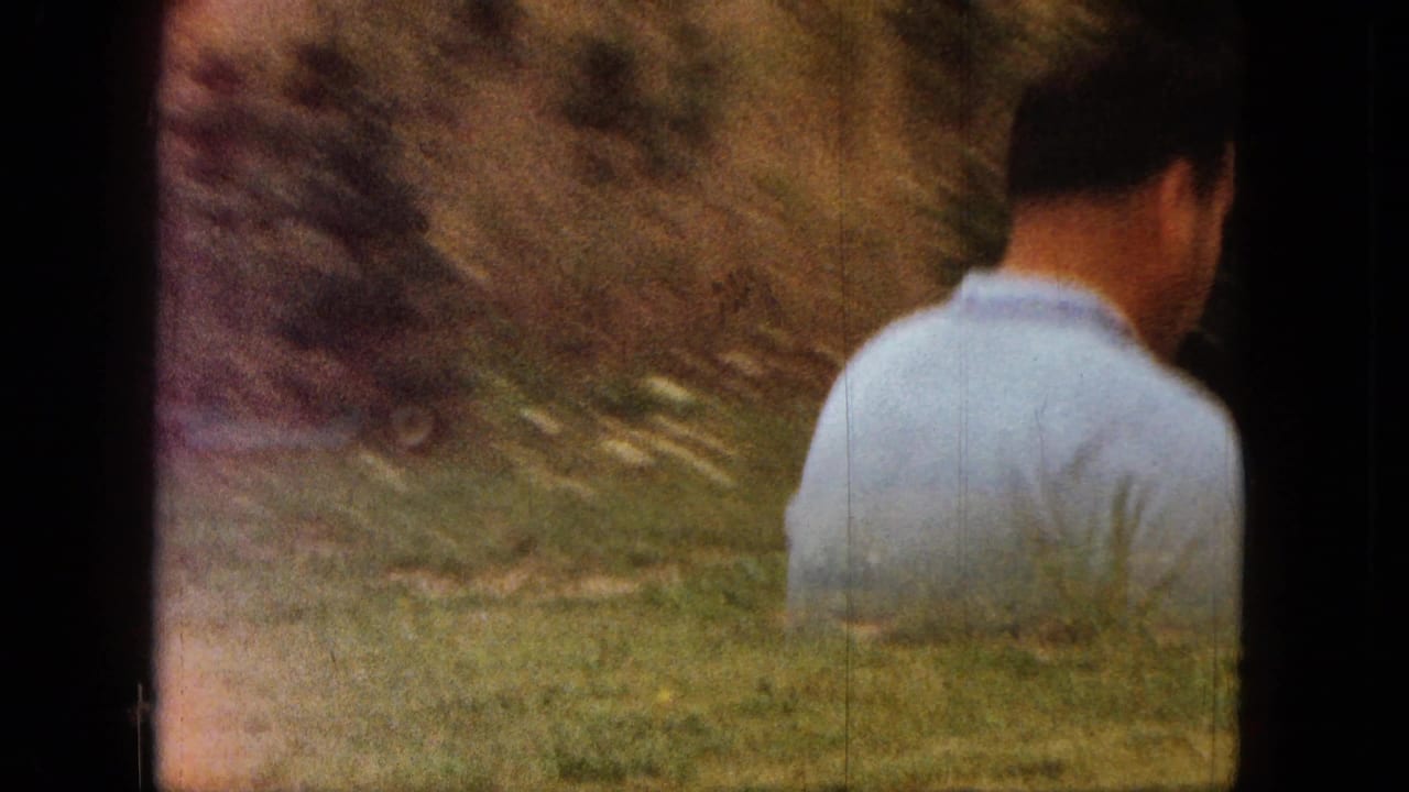 Man seen from behind near a grassy yard in a faded 8mm frame.