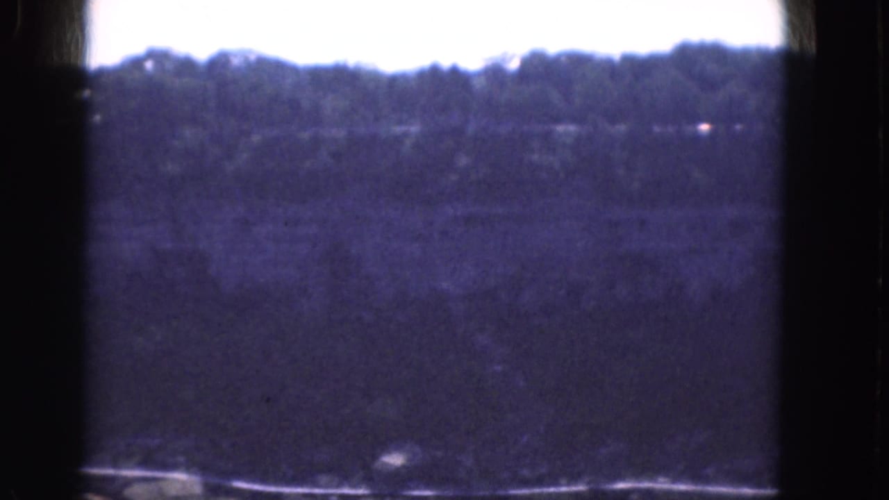 Dark-bordered 8mm frame looking across a wooded hillside under a pale sky.